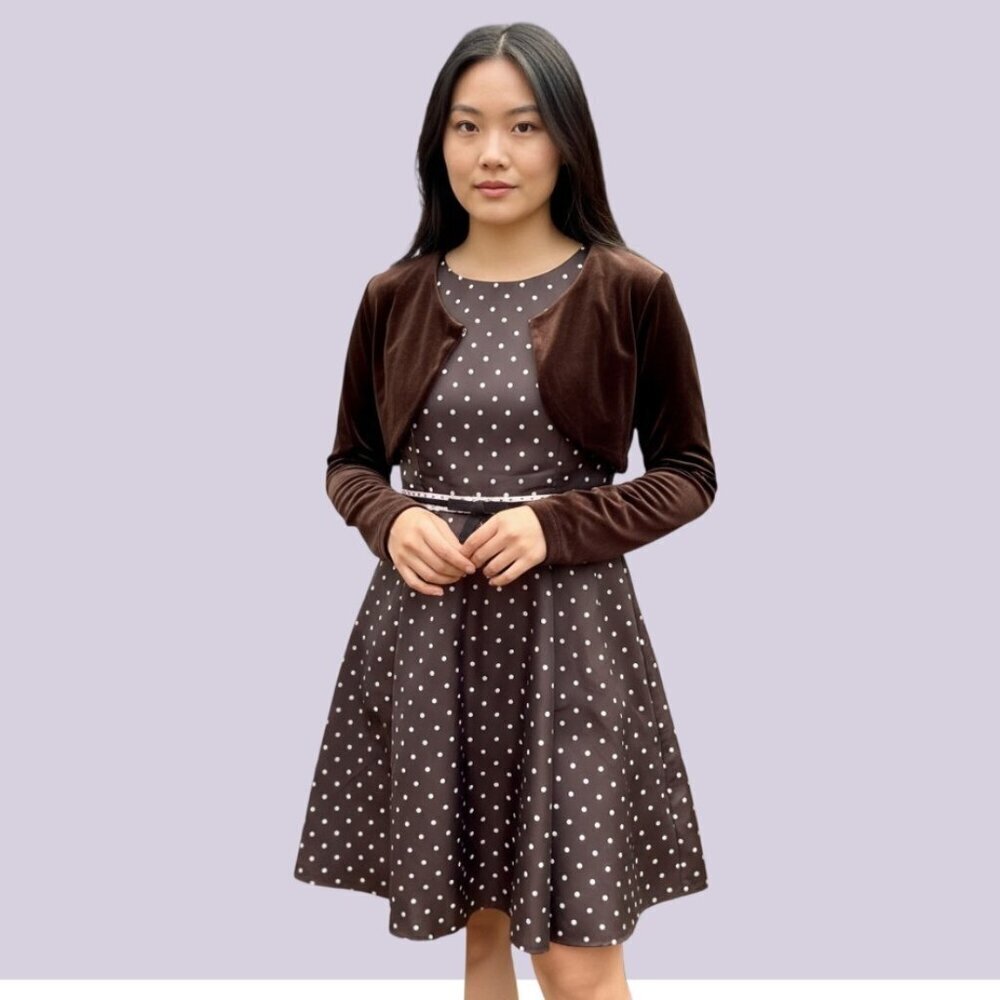 Rare Editions Girl's Velvet Cardigan Dress Set Brown Pink Polka Dots Midi 16 NWT